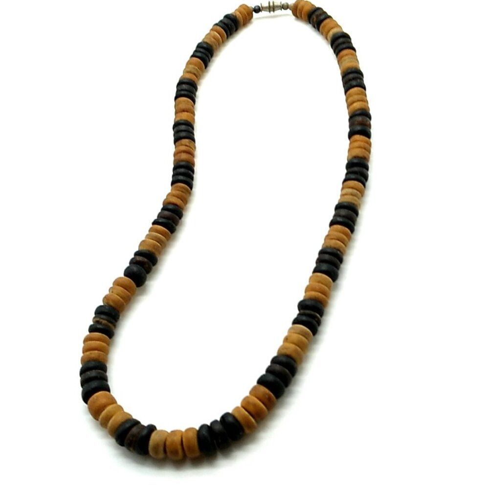Coconut Shell Wood Beaded Necklace Dark Brown & Tan Unisex 17" Barrel Clasp